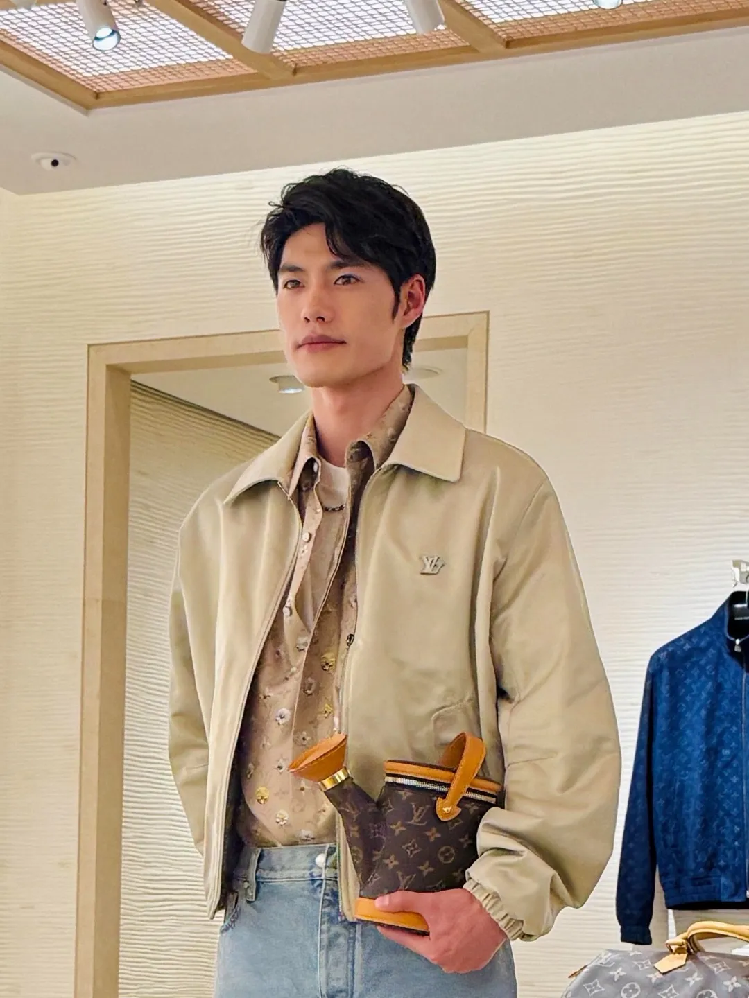 Louis Vuitton/Louis Vuitton checkerboard leather collar double-sided belted jacket
